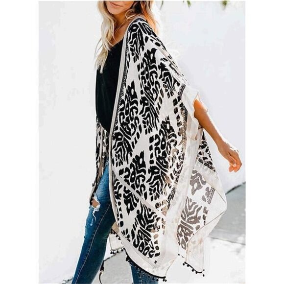 Women's Floral Kimono Cardigan Tassel Beach Cover-Up Swimwear Summer Vacation - Picture 4 of 6
